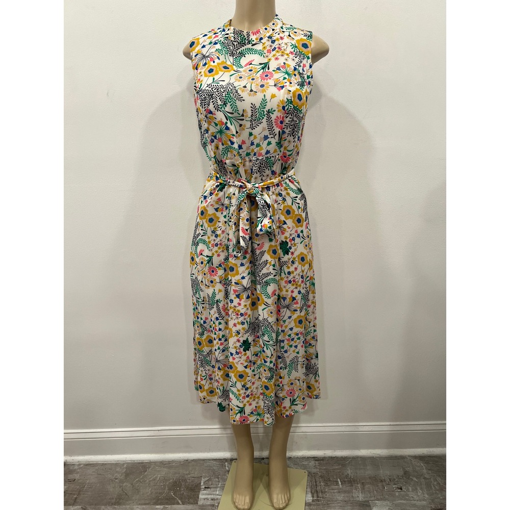 Boden Zada Midi Dress Women Ivory Multi Floral Sleeveless Tie-Waist Dress Size 6